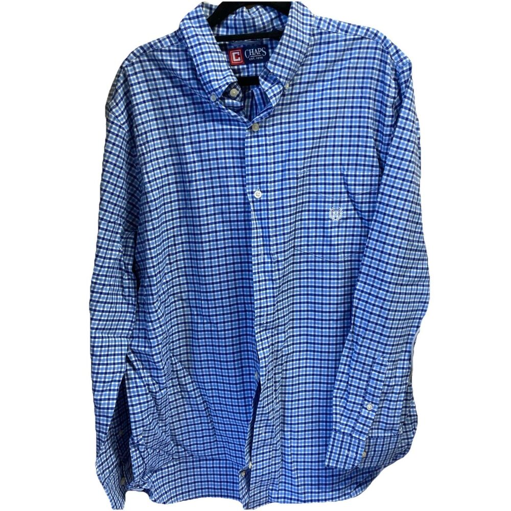 Chaps Long Sleeve Button Down Shirt Mens Sz L Blue/white Checks Pocket